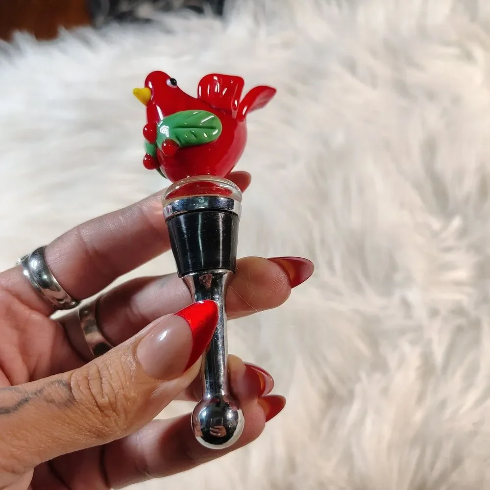 BW Art Glass Wine Bottle Stopper Red Bird Gift Holiday Christmas Decoration